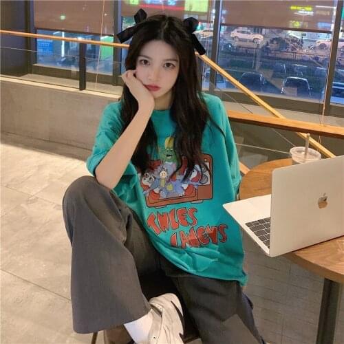 Womens T-shirts Tops Japanese Kawaii Ulzzangcasual Loose Cartoon Letter Print Tshirt Female Korean Harajuku Clothes For Women