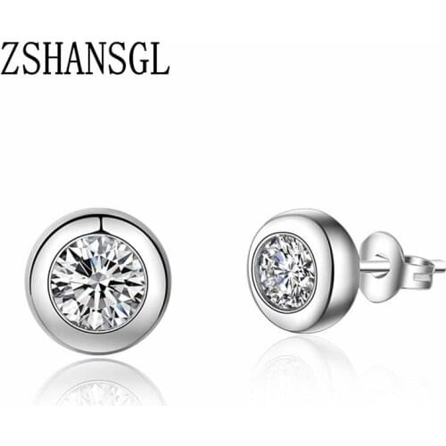 Silver color Round Circle Cut Vintage Fascination, Dazzling Clear CZ Stud Earrings for Women Brincos Fine Jewelry Bijoux