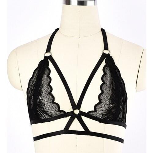 Women Sexy Lace Bra Mesh Lingerie Body Harness Belt Goth Translucent Brassiere Pole Dance Rave Strap Adjust Bondag Cage Bra