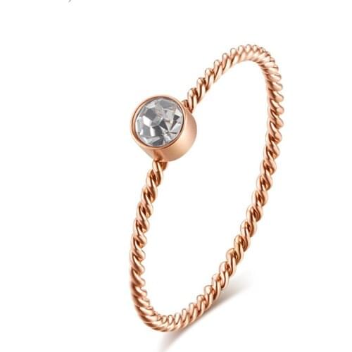 1mm Thin Rose Gold Spiral Rings Women Girls CZ Stone Propose Engagement Ring Fashion Party Jewelry Size 5-9