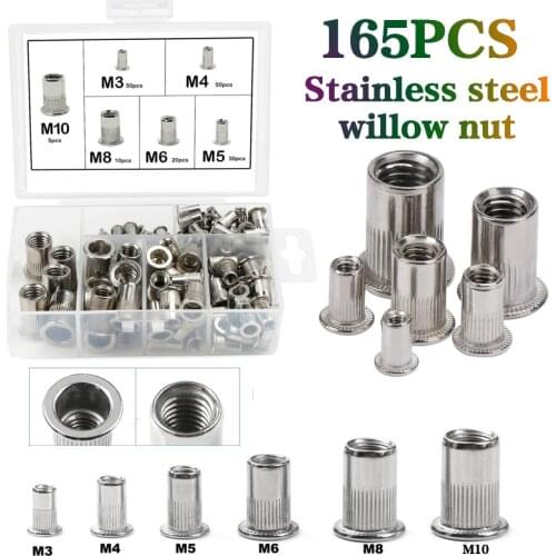 165PCS Rivet Nuts M3-M10 Stainless Steel Flat Head Insert Rivnut Insert Threaded Nut Nutsert Screw Rivnut Set for Hardware
