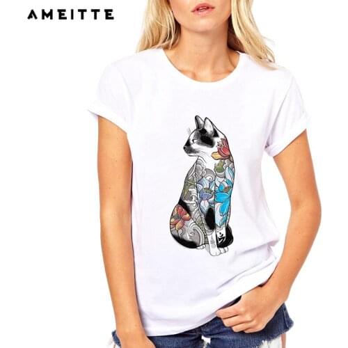 AMEITTE 2019 Summer Tops Flower Animal Cat T Shirts Women Art Lotus Cat Print Fashion All-match Female White Tee Shirt