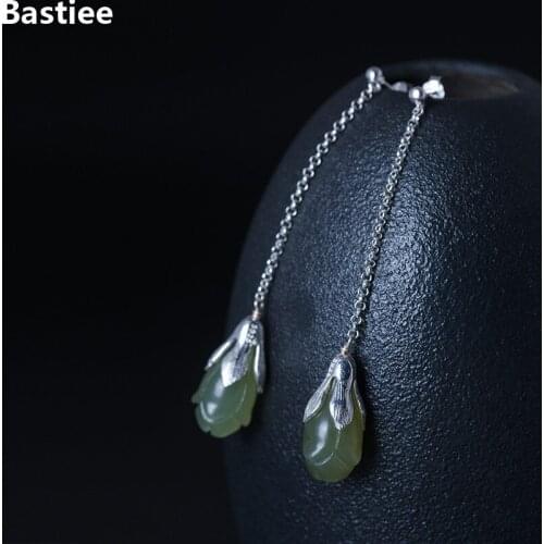 Bastiee Jade 925 Sterling Silver Drop Earrings For Women Accessories Magnolia Flower Dangle Earings Vintage Chinese Jewelry