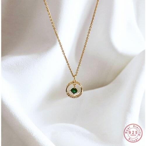 925 Sterling Silver Emerald Crystal Geometric Circle Pendant Clavicle Chain Necklace Women 14k Gold Fashion Simple Party Jewelry