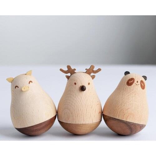 Deer Design Wooden Tumbler Statue Miniature Model Ornament Decor Children Toy