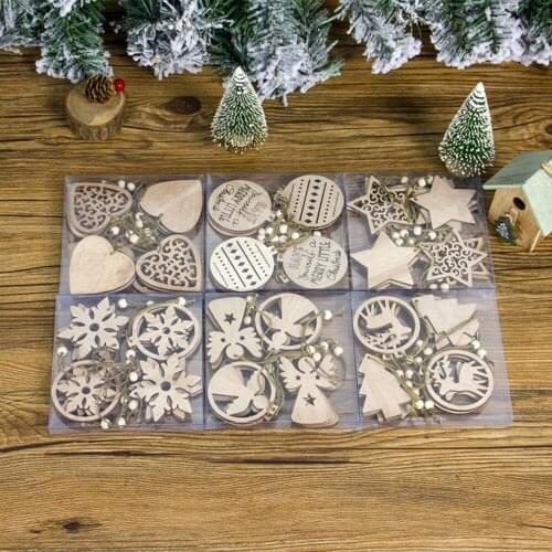12pcs Natural Snowflakes Christmas Tree Ornaments DIY Wooden Hanging Pendants Christmas Decor for Home 2021 Xmas New Year Gift