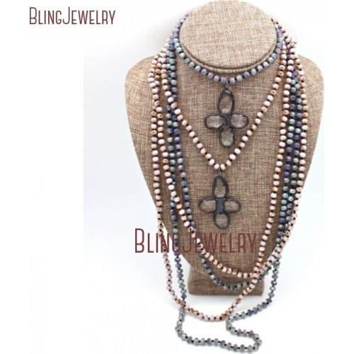 Knotted Crystals Beads Necklace Long Layering Necklace Flower Solder Crystal Pendant Necklace NM22133