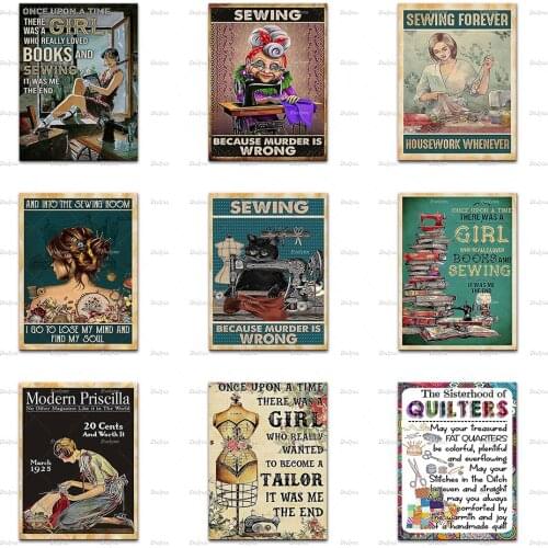 And Into The Books Room Art Sewing Girl Behind Machine Black Cat Sew Knitting Quilting Posters Home Decor Prints Wall Art Canvas