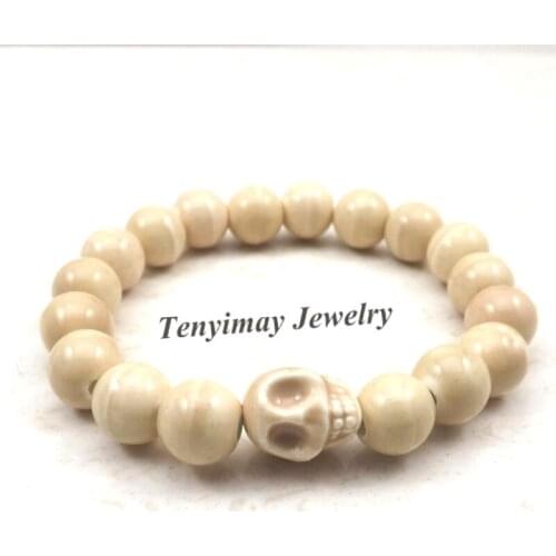 Chinese Style Beige Skull Charm Bracelets 10mm Ceramic Beaded Elastic Bracelets For Halloween 12pcs/lot