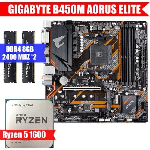 GIGABYTE B450M AORUS ELITE & CPU Ryzen 5 1600 & DDR4 8GB 2400MHZ*2 Combination Kit Dual channel 64G M.2 USB3.0 Socket AM4 M-ATX