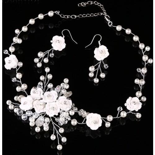 Romantic Wedding Jewelry Sets Women Flower Crystal Pearl Bridal Jewelry Set Wedding Party Jewelry Necklace Earrings Sets