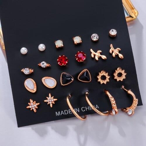 Hot Womens Stud Earrings Set Crystal Geometric Round Small Earrings for Women Gold Silver Color Earrings 2020 Trendy Jewelry