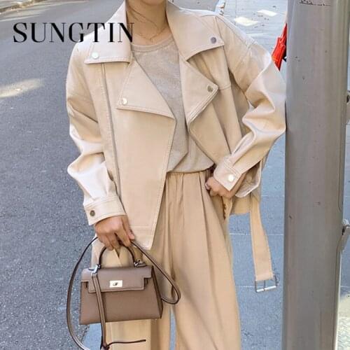 Sungtin Faux Leather Jacket Women with Belt Casual PU Loose Motorcycle Jackets Female Streetwear Oversized Coat Korean Chic 2021