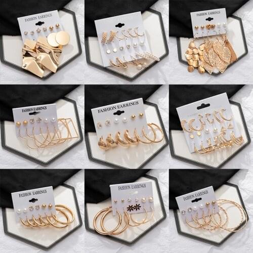 2021 Trendy Fashion Gold Hoop Pearl Earrings Set For Women Vintage Statement Metal Geometric Circle Drop Earrings Jewelry