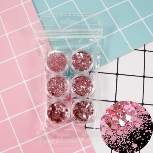 6Jars/Set Nail Art Pink Chunky Glitter Sequins Mixed Sizes Nails Flakes Glitter For UV Gel Loose Glitter Manicure Makeup Tips