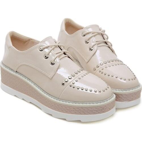 New Rivet Autumn Wedge Shoes Women High Heels Fashion Lace Up Platform Shoes Woman Patent Leather Casual Shoes