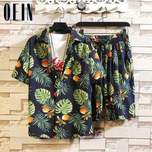 OEIN Fashion Hawaiian Print Short Sleeve Shirt Set Mens Beach Coconut Print Shorts Summer Mens Daily Two-piece Beach Shirt Set
