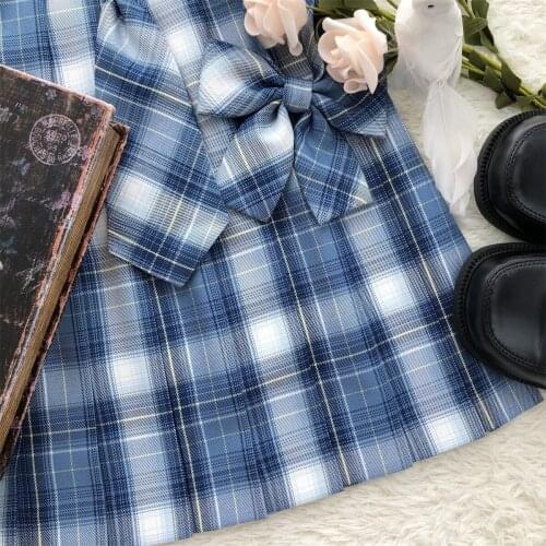 Misty Sea Original Design Blue Plaid Checks Pleated Skirt Good Quality Sharp Pleats Preppy Style & Necktie/Neckbow