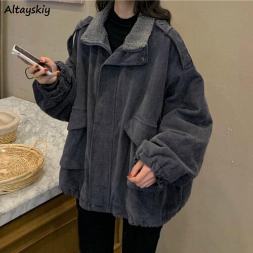 Parkas Women Chic Patchwork Corduroy Vintage Thick Loose Winter Warm Female Outwear Newest Fashion Pocket Ladies Oversized Parka