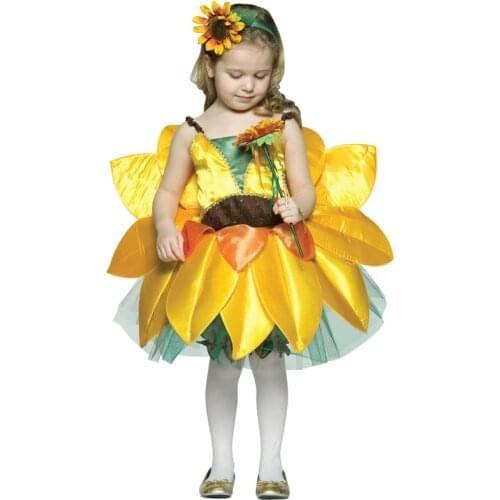 Girls Sunflower Cosplay Dress Halloween Costume Kids Sunflower Dress+Headwear Carnival Party Stage Performance Outfit C42K128