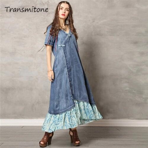 Summer Denim V neck Dress 2019 Vintage Patchwork Women Dresses V-Neck Short Sleeve Floral Ruffles Loose Vestidos Female 82138