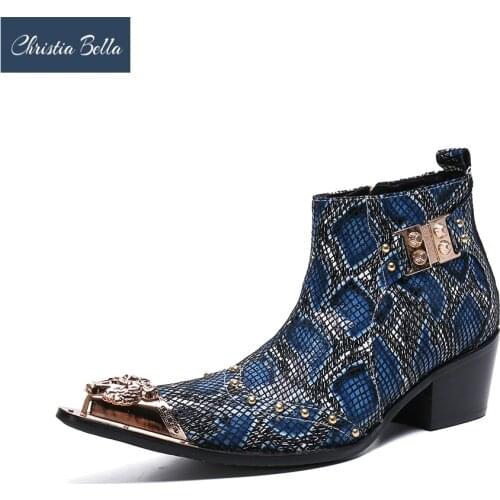 Christia Bella Fashion Print Genuine Leather Men Ankle Boots Mid Heel Party Dress Boots Pointed Toe Motorcycle Short Boots Botas