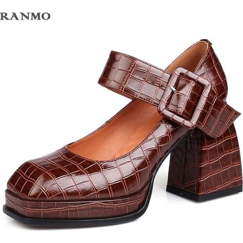 Stone pattern Leather Mary Jane Shoes for Women 2021 Autumn spring Chunky high Ankle Strap Pumps Woman Thick Bottom high Shoes