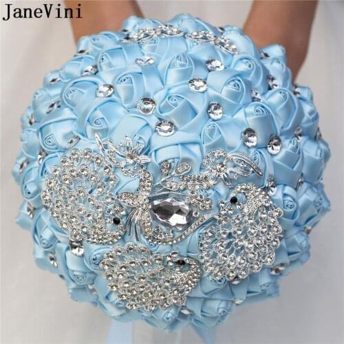 JaneVini Sky Blue Satin Rose Wedding Bouquets with Crystals Luxury Peacock Jewelry Beaded Bridal Brooch Bride Holding Flowers