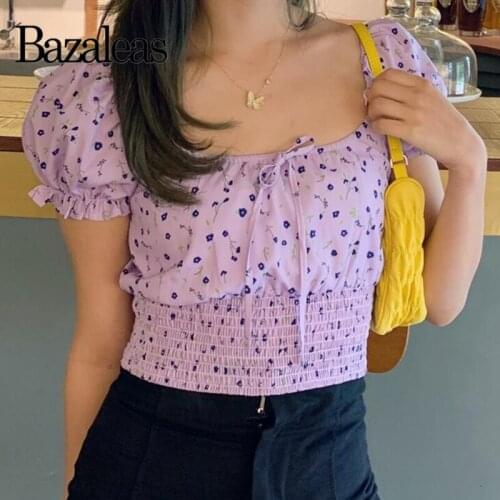 Bazaleas Vintage Waist Elastic Tshirt Fashion Floral Print Purple Women T-shirt Harajuku Chic Center Bow Ropa Mujer