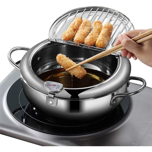 Japanese Deep Frying Pot with a Thermometer and a Lid 304 Stainless Steel Kitchen Tempura Fryer Pan 20 24 cm KC0405 Dropshipping