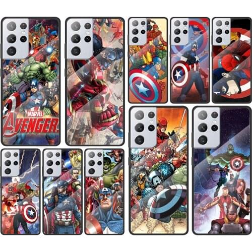 Marvel Avengers for Samsung Galaxy S21 Ultra Plus A72 A52 4G 5G M51 M31 M21 Luxury Tempered Glass Phone Case Cover