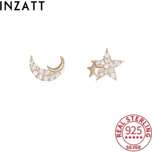 INZATT Real 925 Sterling Silver Zircon Moon Star 14K Gold Asymmetry Stud Earrings For Women Cute Fine Jewelry Drop Shipping Gift