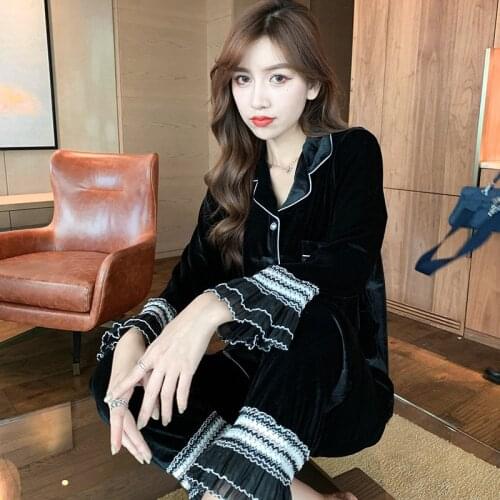 Pajama Set Autumn And Winter Gold Velvet Womens Long-Sleeved Loose Cardigan Korean Style Trumpet Sleeve Home Service 2Pcs