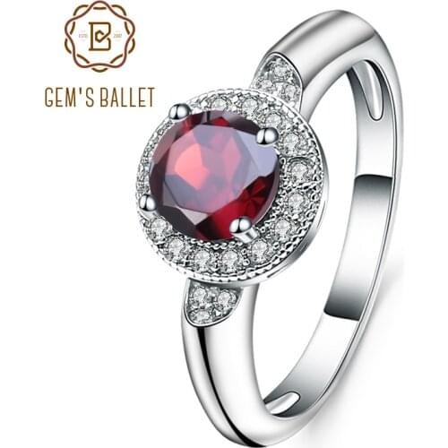 GEMS BALLET 1.05Ct Round Natural Red Garnet Gemstone Ring 925 Sterling Silver Classic Wedding Rings for Women Fine Jewelry