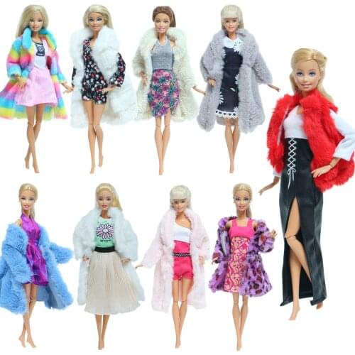 2 Pcs/Set Handmade Doll Outfit Soft Fur Coat + Daily Party Pink Dress Winter Warm Clothes for Barbie Doll Accessories Kids Toy