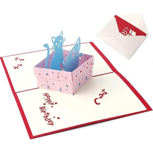 3D Pop UP Holiday Greeting Card Cat Box Animal Christmas Thanksgiving Birthday Gift for wedding
