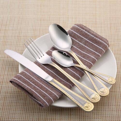 4 PCS/Set Dinnerware Set Vintage Western Gold Plated Dinner Fork Knife Golden Cutlery Set Stainless Steel Engraving Tableware