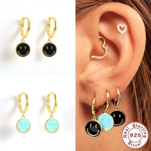 Aide Dripping Oil Craft Huggie Earrings With Charms 925 Sterling Silver Smiley Earrings For Women Girls Pendientes Plata 925