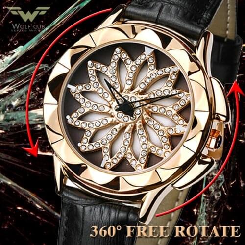 360 Free Rotate Diamond Flower Womens Watch Luxury Bracelet Watch 30M Waterproof Ladies JAPAN Quartz Watches Leather Female