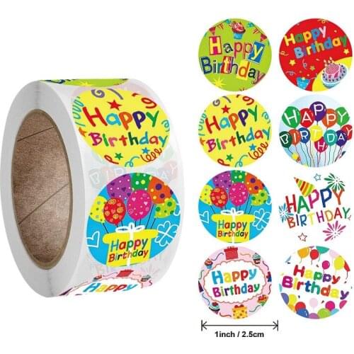 Hot Sale Round Colorful 8 Patterns Happy Birthday Stickers 1Inch for Children' Party Holiday Gift Decor Greeting Card Tag Labels