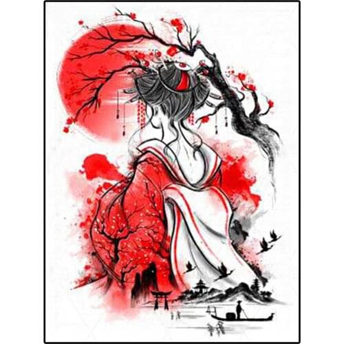 Diy Diamond Embroidery Abstract Woman Back View 5D Full Diamond Painting Cross Stitch Mosaic Red Sun Landscape JapaneseZP-4584