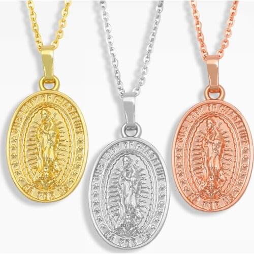 FLOLA Oval Virgin Mary Necklace For Women Polish Peace Pendant Necklace Chain Copper Catholic Jewelry virgen de guadalupe nket89