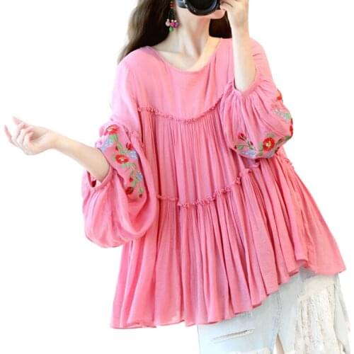 Mori Girl Flower Embroidery Lantern Sleeve Cotton Shirt Hippie Boho Women Loose Wide Doll Blusas Mujer Ladies Casual Tops Shirt