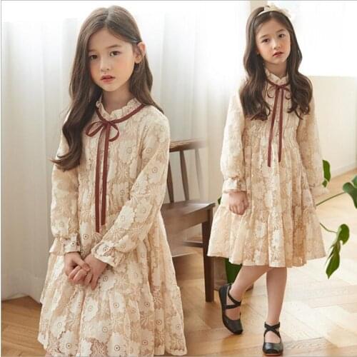 Girl Lace Bow Dresses 2019 Fall Kids Long Sleeve Dress Fashion High-grade Girls Princess Dress 8 10 12 Teenage Clothes