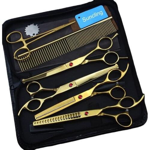 7 Inch Gold Painting Color Round Tip Safety Japan Stainless Steel High Quality Hair Cutting Thinning Curved Scissors Set Dog