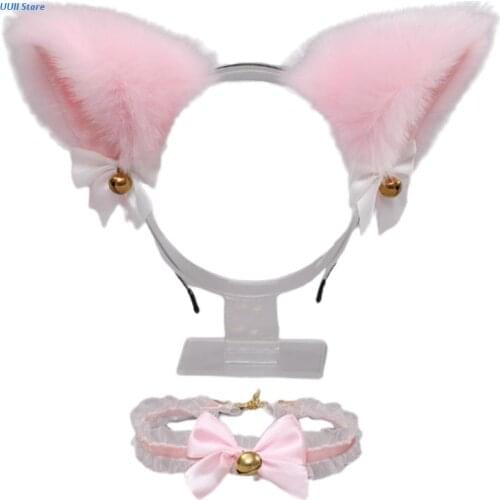 Plush Cute Girls Cat Ears Necklace with Bow Bells Headwear Accessories Furry Hair Hoop for Cosplay Costume Props