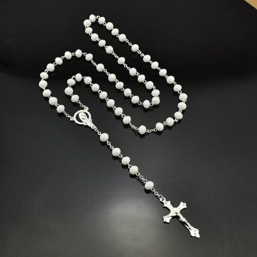 New Retro Crystal Cross Jesus Rosary Pendant Catholic Necklace Beaded Link Sweater Chain Religious Jewelry Gift