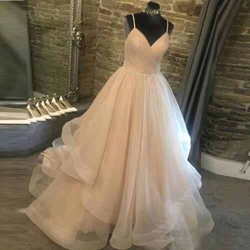 Real Photo A-line Spaghetti Straps Beaded Tiered Tulle Wedding Dresses Zipper With Buttons Back Country Garden Bridal Gown 2019