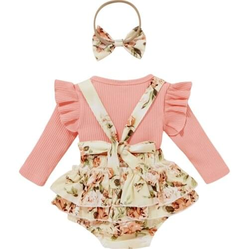 Baby Girl Sleeve Knitted T-Shirt Floral Suspender Shorts with Headband Summer Outfits 2021