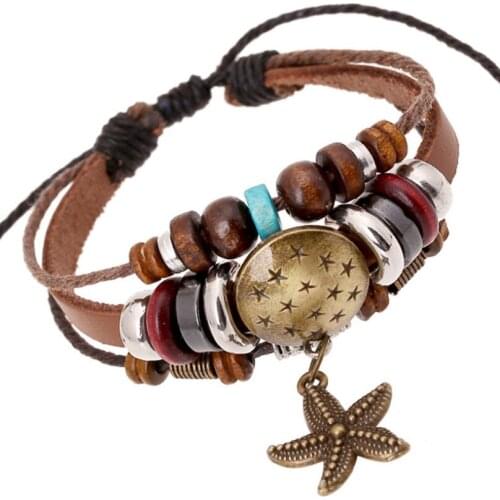 Vintage Retro Star Starfish Charm Wrap Bracelet Alloy Beads Handmade Leather Rope Fashion Bangle Wristbands Hippie Punk Jewelry